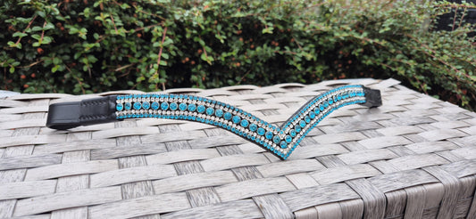 Sparkly 5 Row Crystal Browband for Horses: V Shape, turquoise round crystals