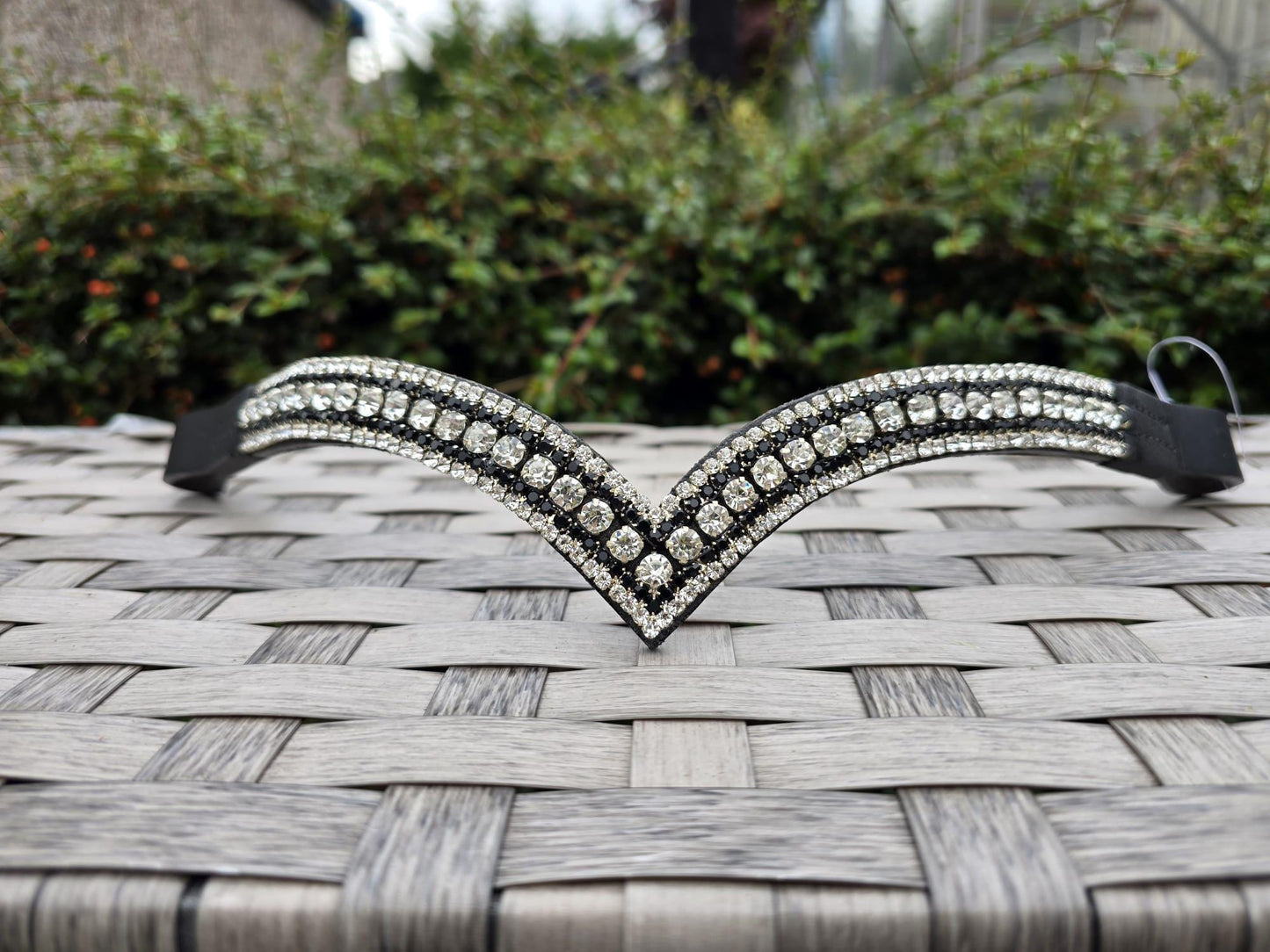 Sparkly 5 Row Crystal Browband for Horses: V Shape, Black and White round crystals