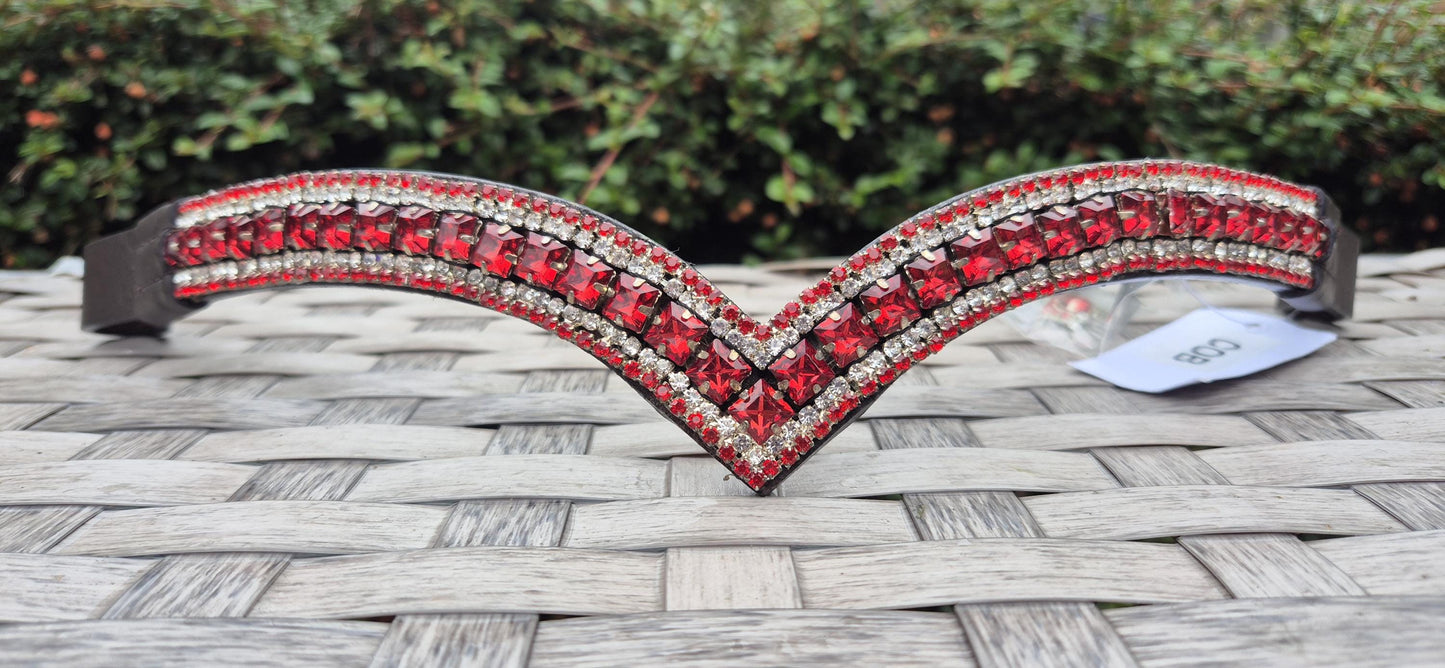 Sparkly 5 Row Crystal Browband for Horses: V Shape, Red crystals
