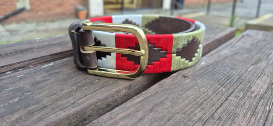 Handcrafted Brown Leather Polo Belt – Red White Green Design, Golden Buckle, Unisex Belt