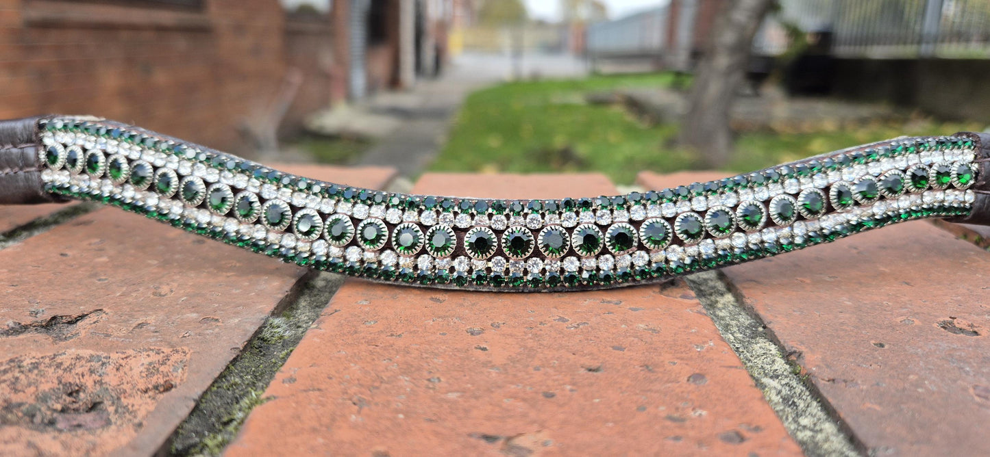 Sparkly Curve shap 5 Row Green Crystal Horse browband ideal for dressage showing Bridle