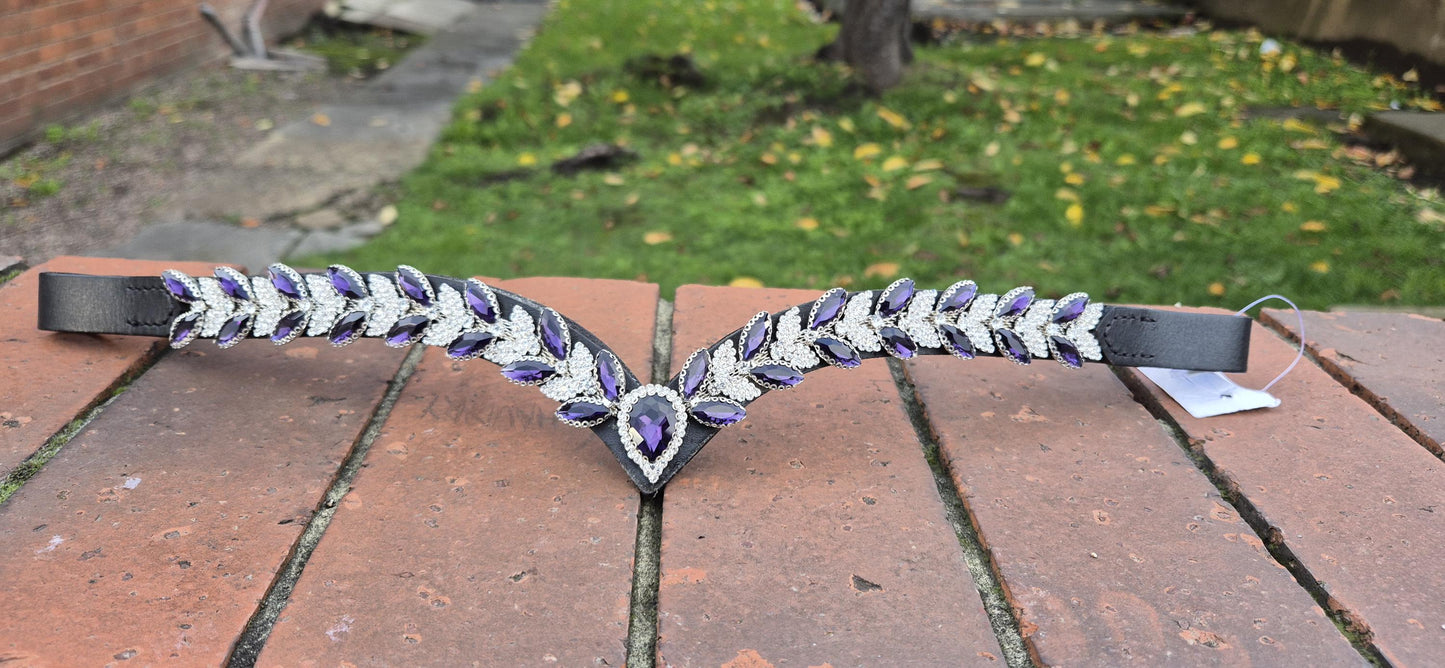 Sparkly V shap Purple and White crystal Browband ideal for dressage showing Bridle