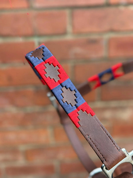 Handmade Brown Leather Horse Halter navy and red colour