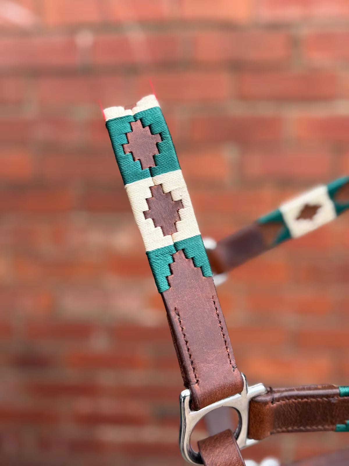 Handmade Brown Leather Horse Halter Green and Ivory colour