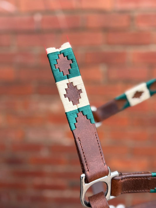 Handmade Brown Leather Horse Halter Green and Ivory colour