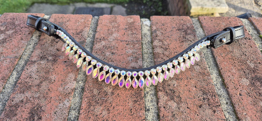 Handmade multy colour Crystal Horse Browband • Curved Leather Bling Browband