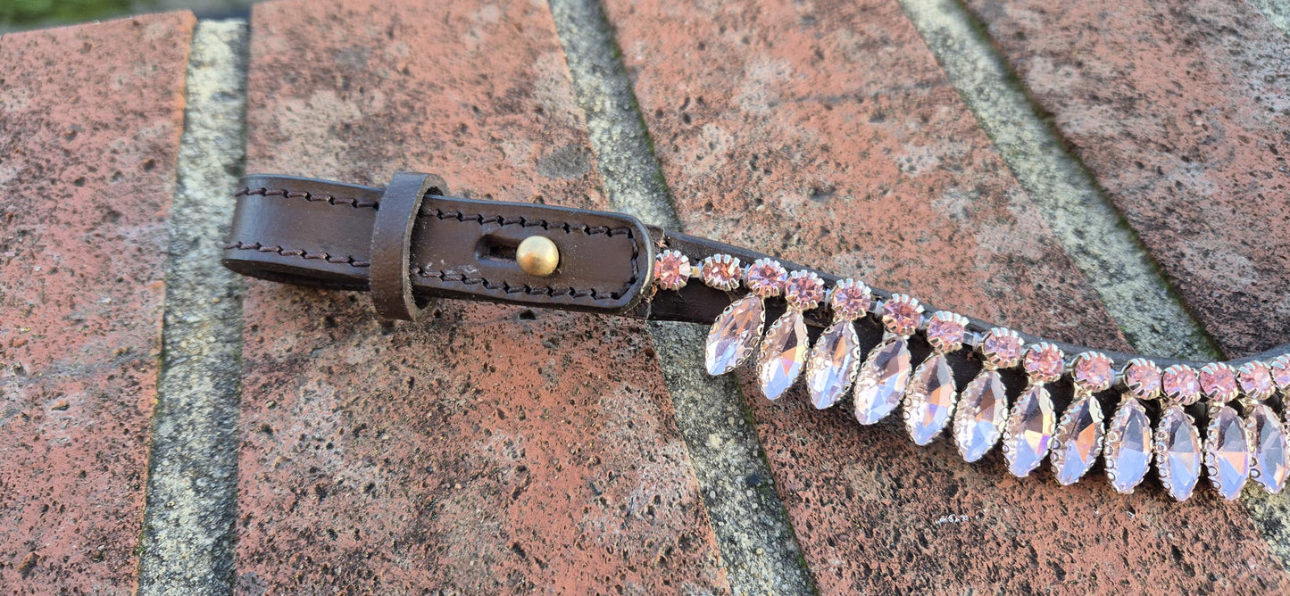 Handmade Pink Crystal Horse Browband • Curved Leather Bling Browband