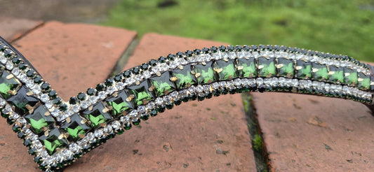 Sparkly 5 Row Crystal Browband for Horses: V Shape Green Square crystal
