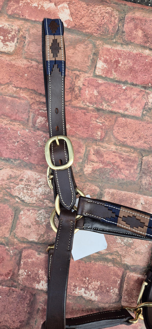 Argentinian Polo Leather Horse Halter - Dark Brown and Navy Adjustable Headcollar