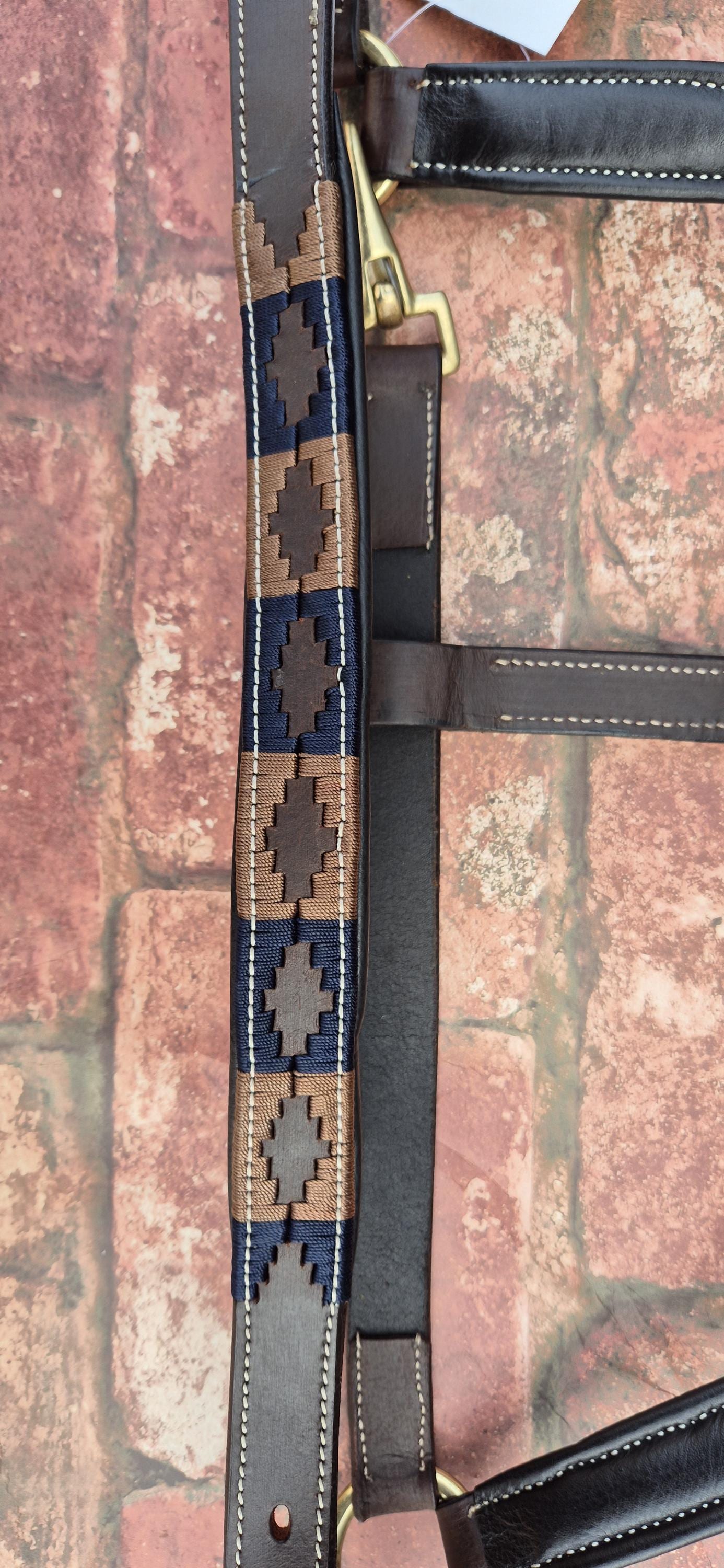 Argentinian Polo Leather Horse Halter - Dark Brown and Navy Adjustable Headcollar