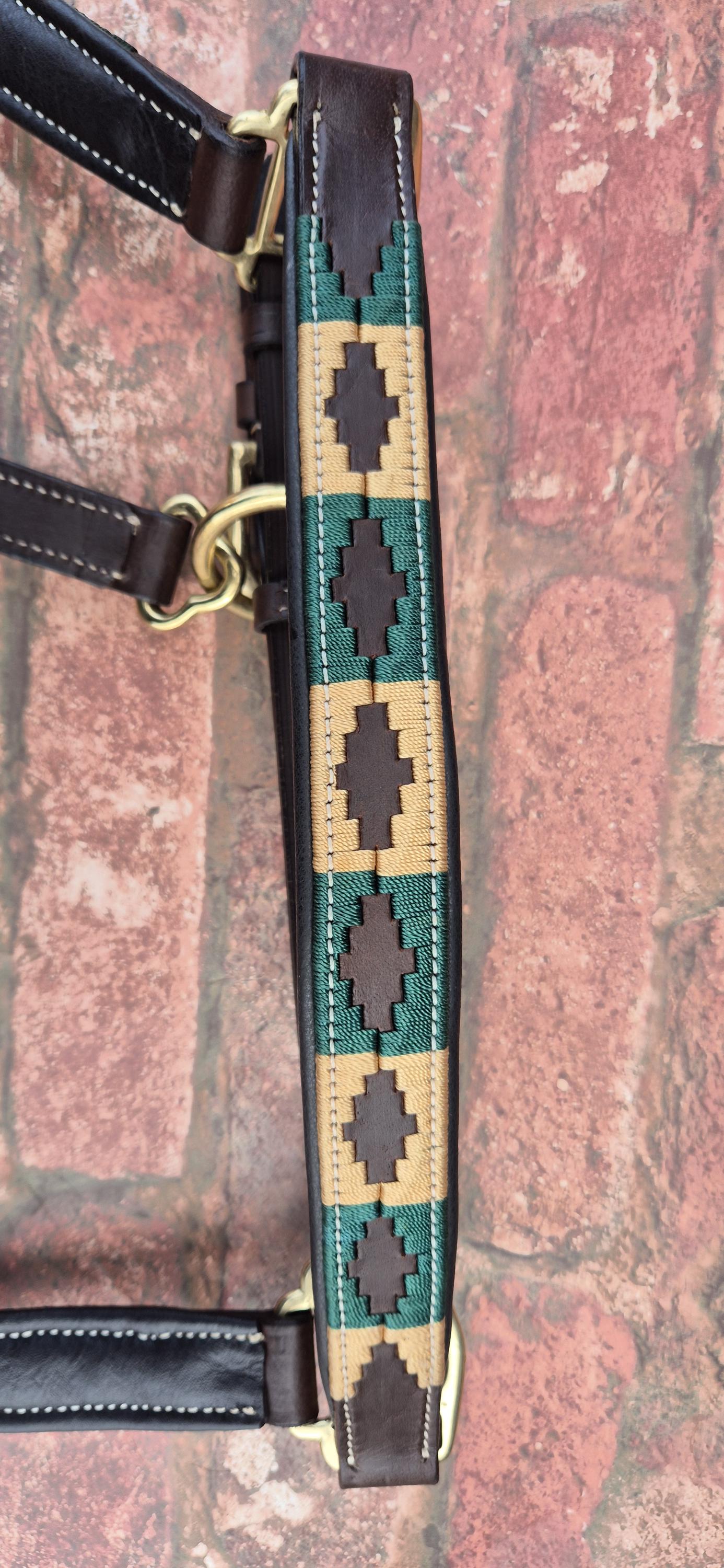 Argentinian Polo Leather Horse Halter - Green and Tan Adjustable Headcollar