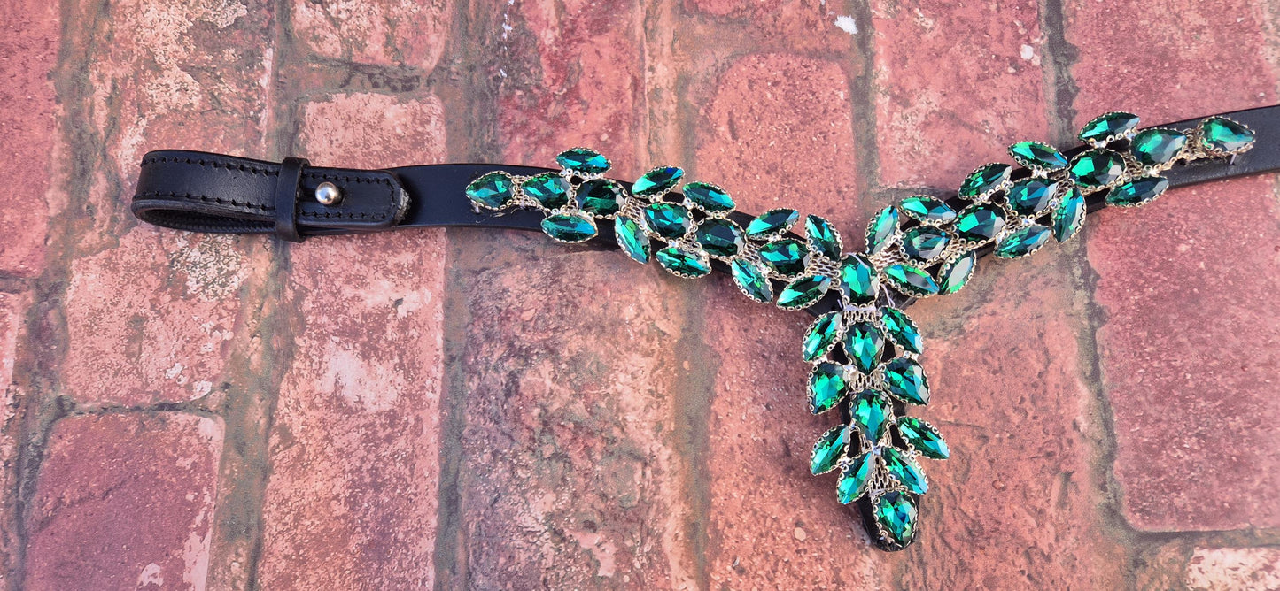 Luxury Cross-Shaped Green Crystal Horse Browband – Leather with Iridescent Rhinestone Design with Quick release