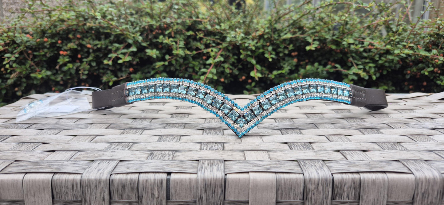 Sparkly Browband ideal for dressage showing Bridle 5 row turquoise square crystals V shape
