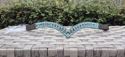 Sparkly Browband ideal for dressage showing Bridle 5 row turquoise square crystals V shape