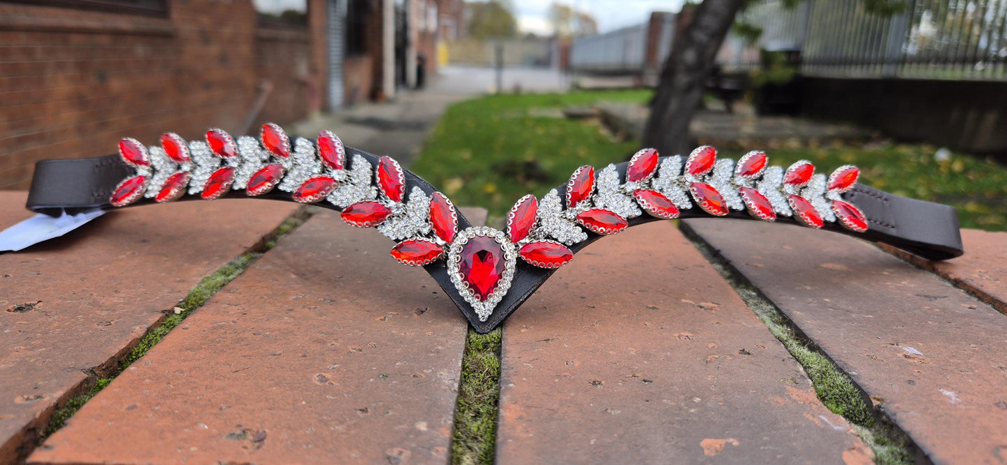 Sparkly V shap Red and White crystal Browband ideal for dressage showing Bridle