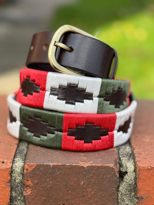 Handcrafted Brown Leather Polo Belt – Red White Green Design, Golden Buckle, Unisex Belt