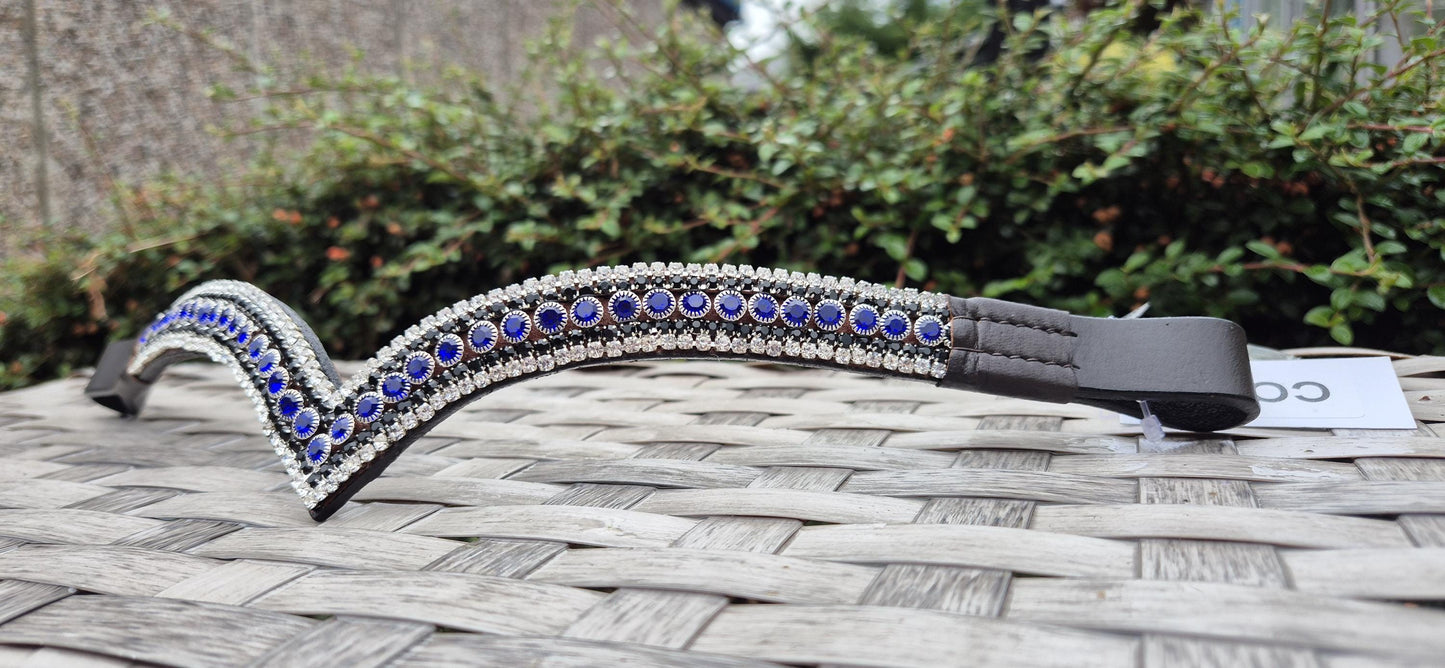 Sparkly 5 Row Crystal Browband for Horses V Shape, Royal Blue & Black/White crystal