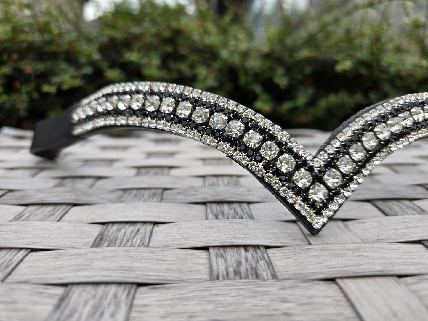 Sparkly 5 Row Crystal  Browband for Horses: V Shape, Black and White round crystals