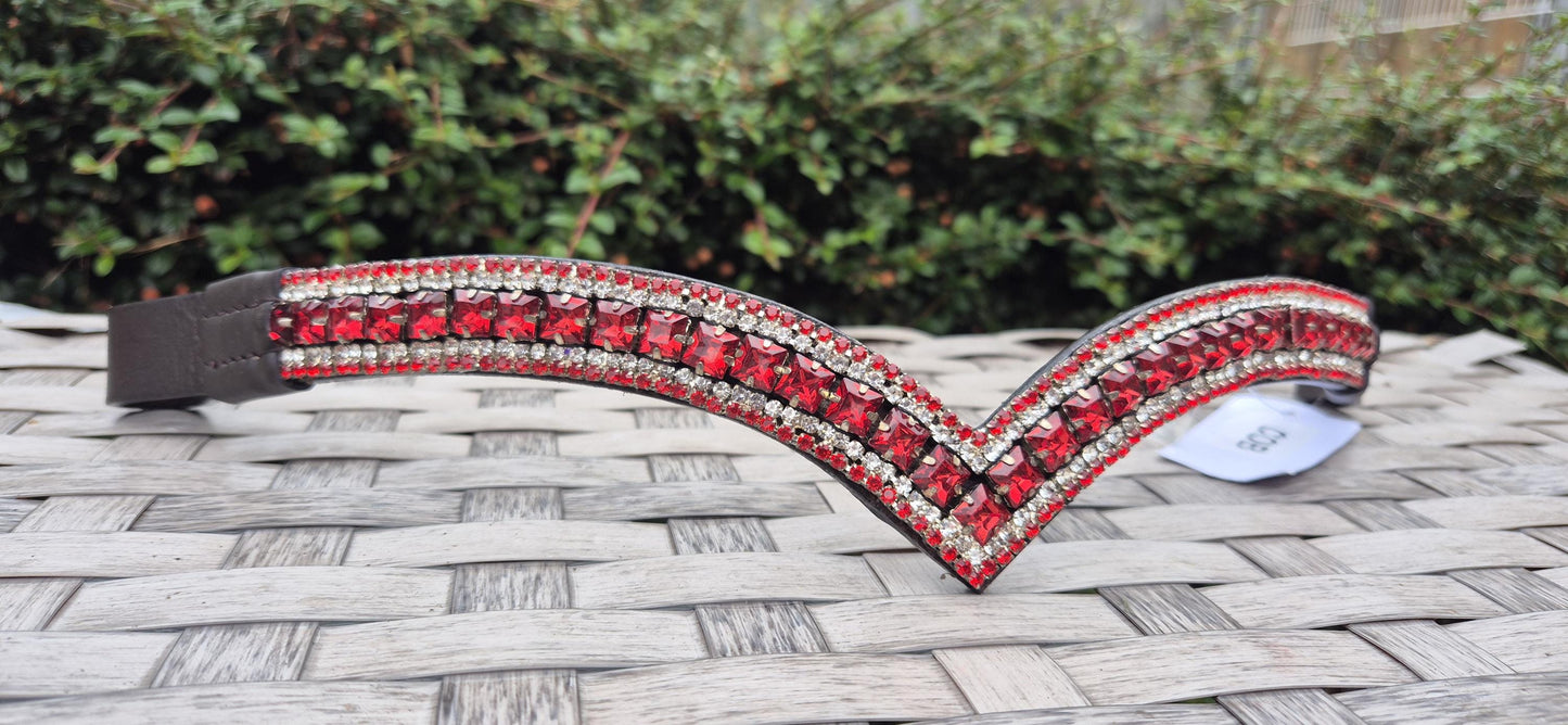 Sparkly 5 Row Crystal Browband for Horses: V Shape, Red crystals