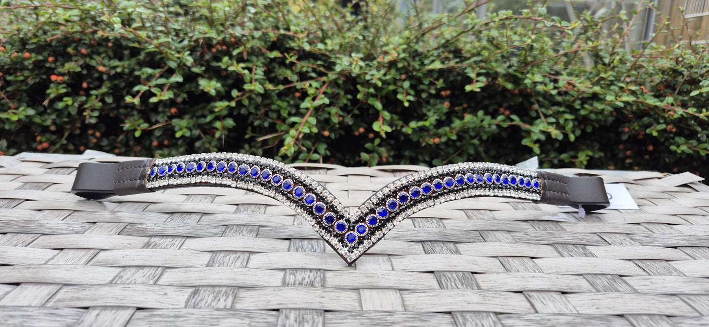 Sparkly 5 Row Crystal Browband for Horses V Shape, Royal Blue & Black/White crystal