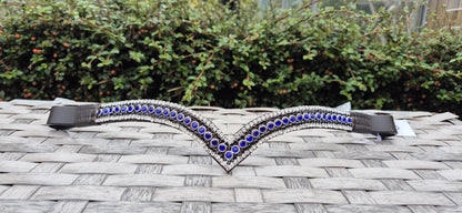 Sparkly 5 Row Crystal Browband for Horses V Shape, Royal Blue & Black/White crystal