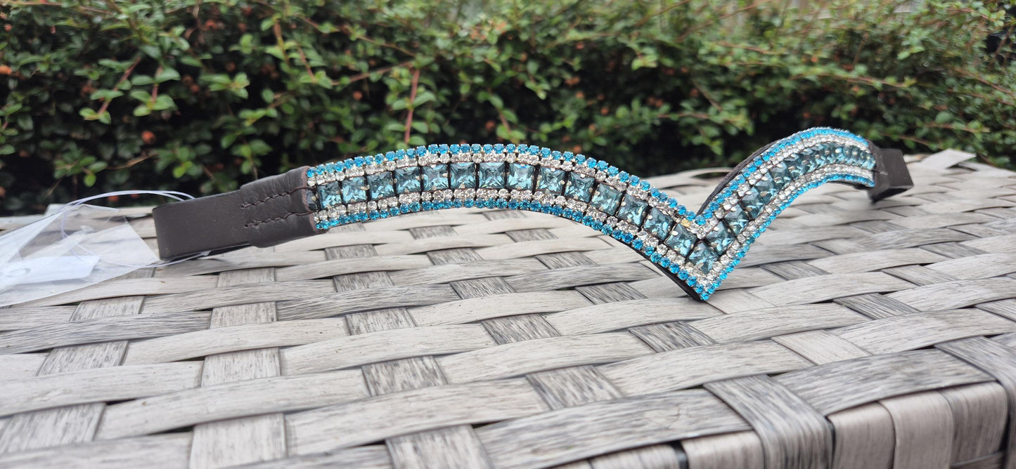 Sparkly Browband ideal for dressage showing Bridle 5 row turquoise square crystals V shape