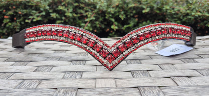 Sparkly 5 Row Crystal Browband for Horses: V Shape, Red crystals
