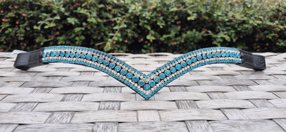 Sparkly 5 Row Crystal Browband for Horses: V Shape, turquoise round crystals