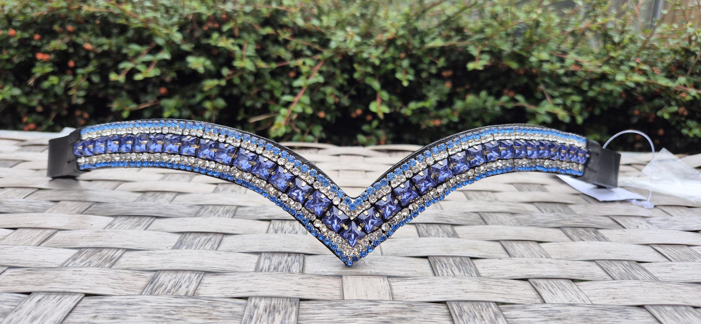 Sparkly 5 Row Crystal Browband for Horses: V Shape,Ice blue square crystals