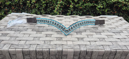 Sparkly Browband ideal for dressage showing Bridle 5 row turquoise square crystals V shape