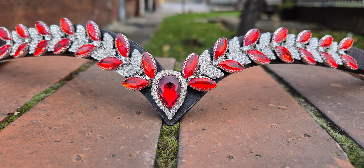 Sparkly V shap Red and White crystal Browband ideal for dressage showing Bridle