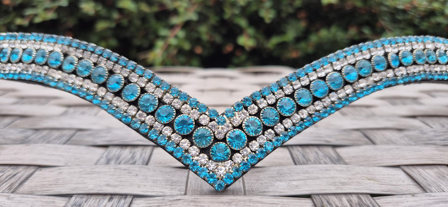 Sparkly 5 Row Crystal Browband for Horses: V Shape, turquoise round crystals