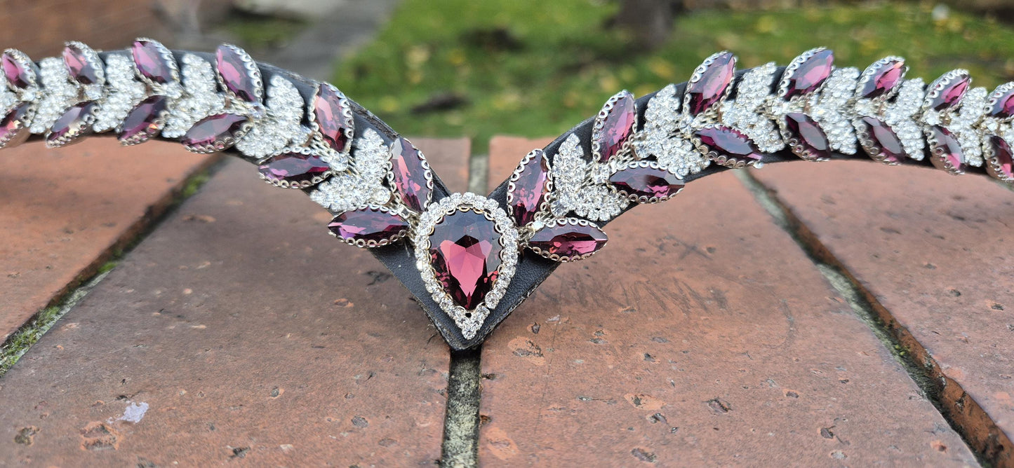 Sparkly V shap Burgundy and White crystal Browband ideal for dressage showing Bridle
