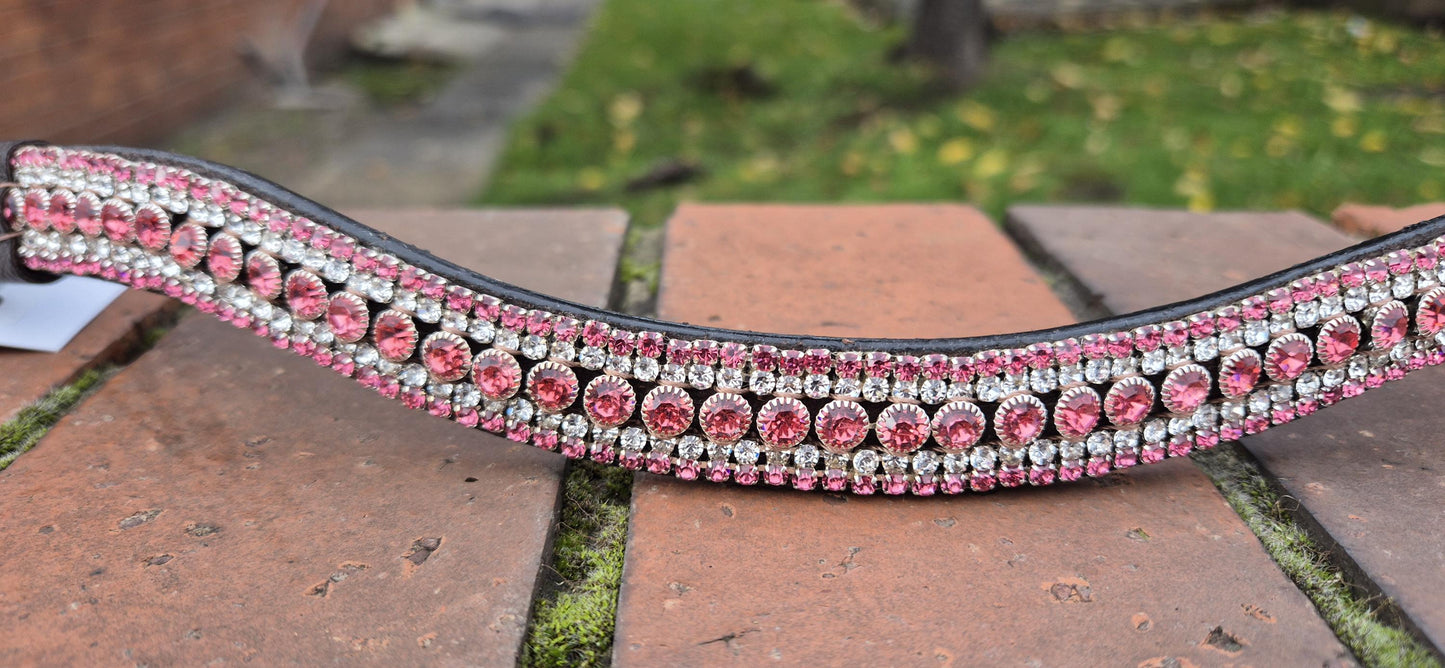 Sparkly Curve shap 5 Row Pink Crystal Horse browband ideal for dressage showing Bridle