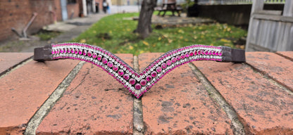Sparkly 5 Row Crystal Browband for Horses: V Shape, Pink round crystals