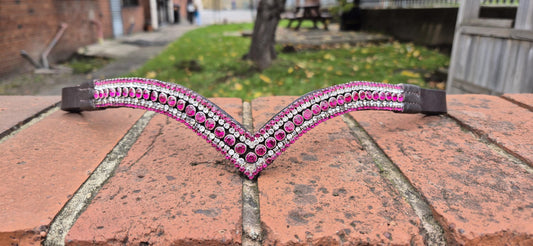 Sparkly 5 Row Crystal Browband for Horses: V Shape, Pink round crystals