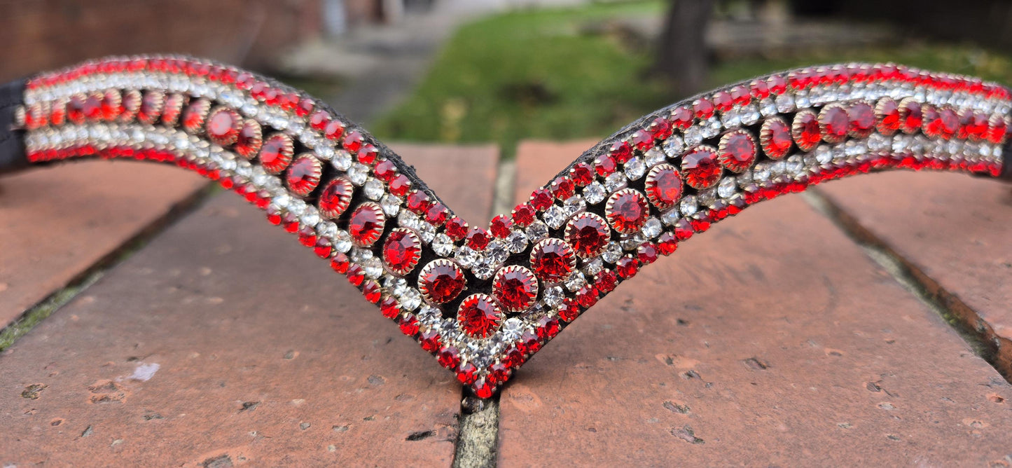Sparkly 5 Row Crystal Browband for Horses: V Shape, Red round crystals