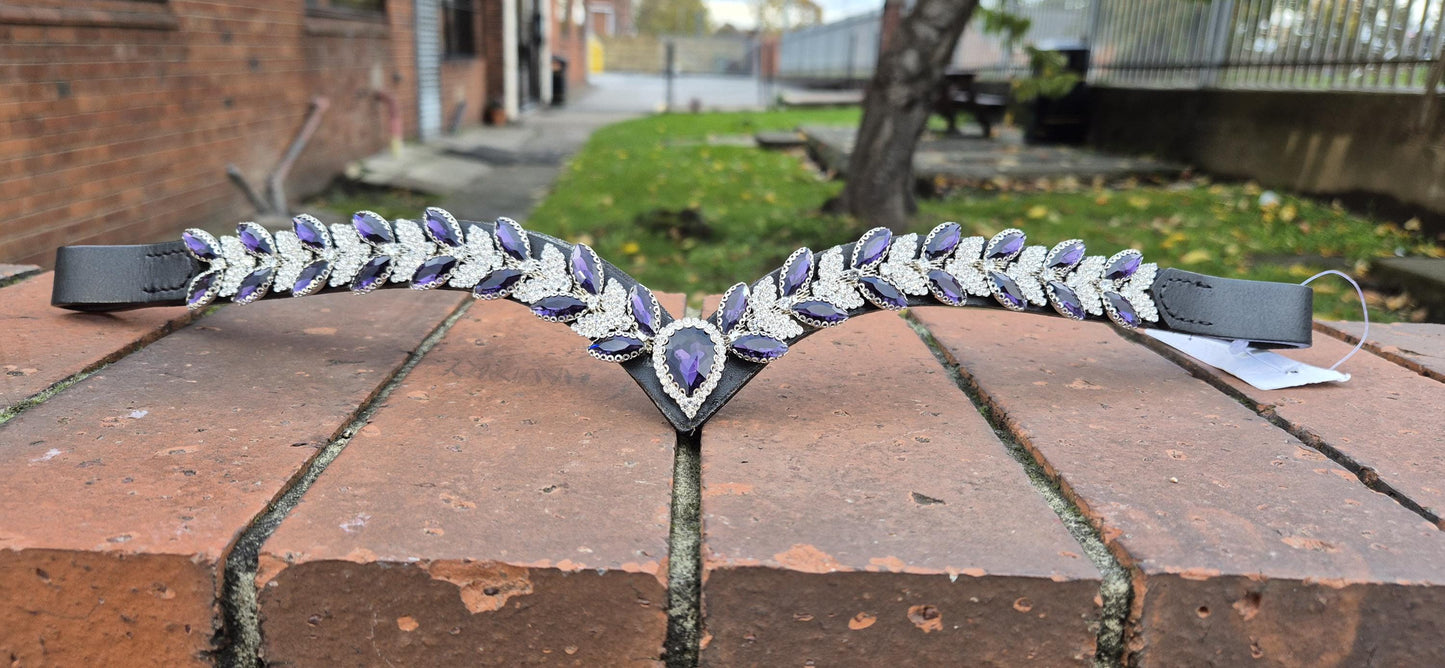 Sparkly V shap Purple and White crystal Browband ideal for dressage showing Bridle