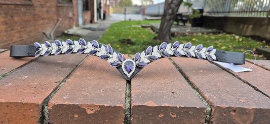 Sparkly V shap Purple and White crystal Browband ideal for dressage showing Bridle