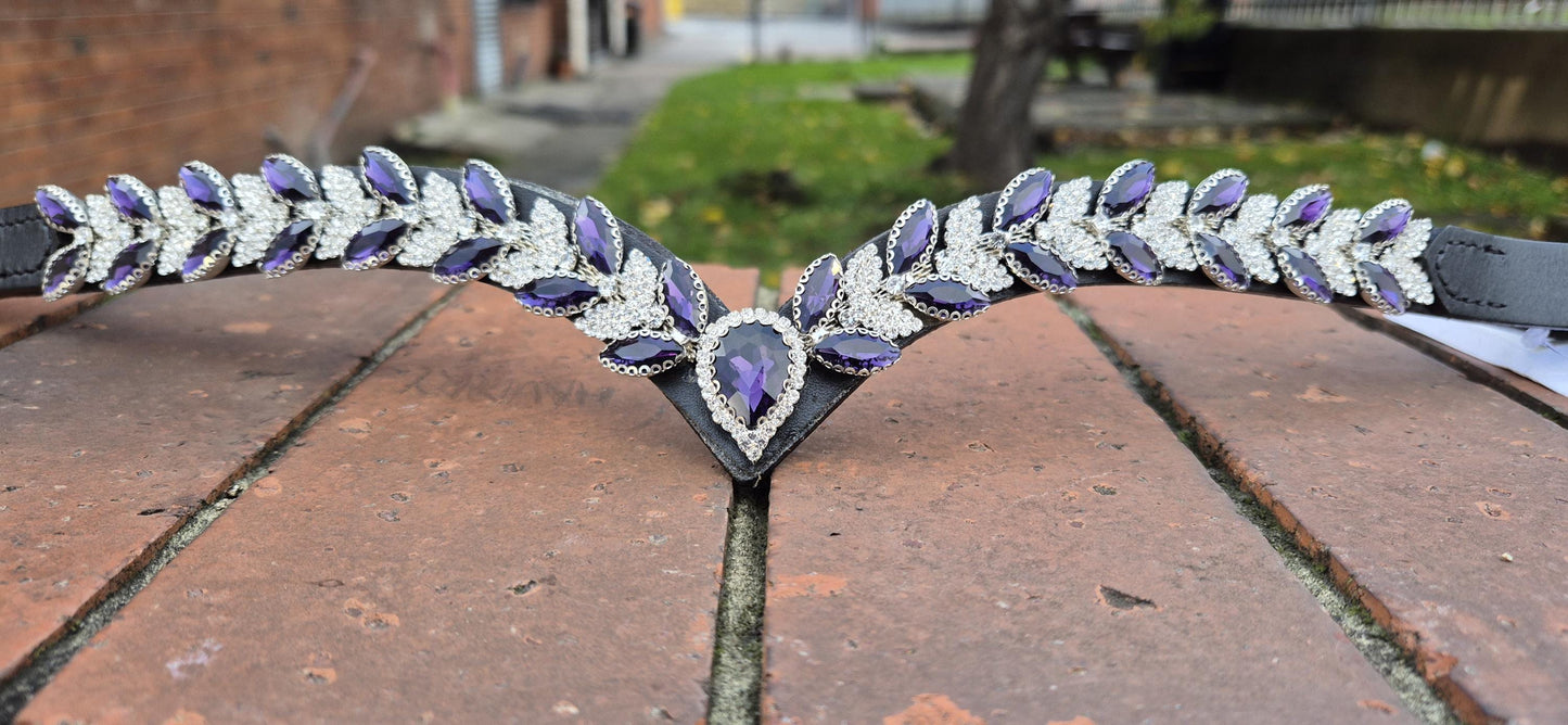 Sparkly V shap Purple and White crystal Browband ideal for dressage showing Bridle