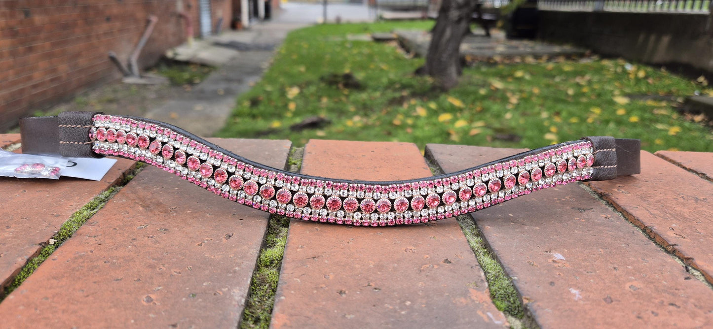 Sparkly Curve shap 5 Row Pink Crystal Horse browband ideal for dressage showing Bridle