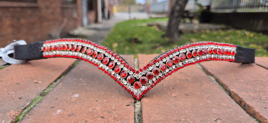 Sparkly 5 Row Crystal Browband for Horses: V Shape, Red round crystals