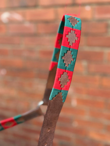 Handmade Brown Leather Horse Halter Red and Green colour