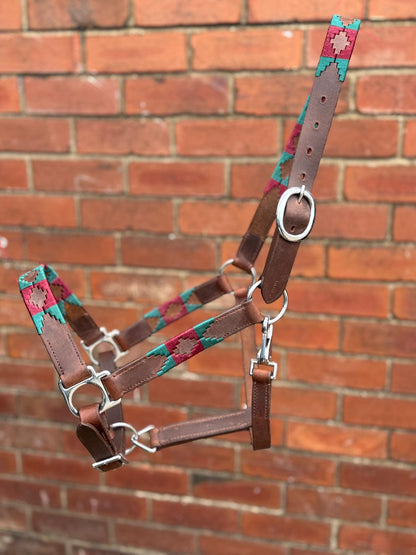Handmade Brown Leather Horse Halter Green and Burgundy colour