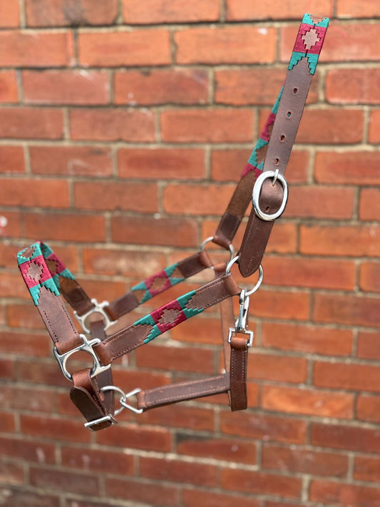 Handmade Brown Leather Horse Halter Green and Burgundy colour