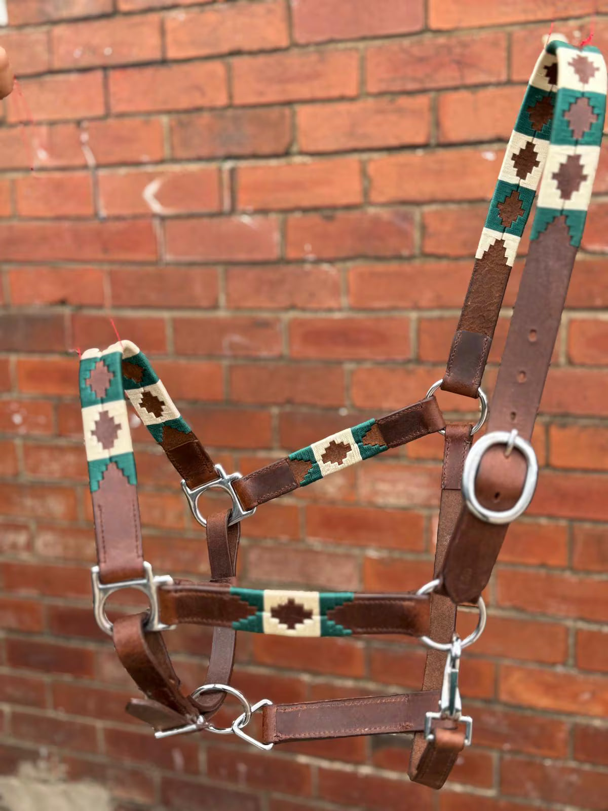 Handmade Brown Leather Horse Halter Green and Ivory colour