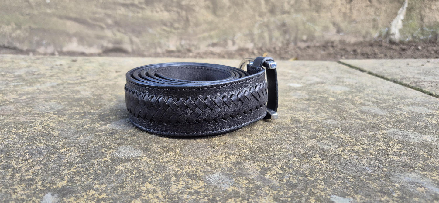 Handcrafted Unisex Black Braided Leather Belt with Silver Buckle