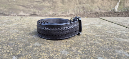 Handcrafted Unisex Black Braided Leather Belt with Silver Buckle