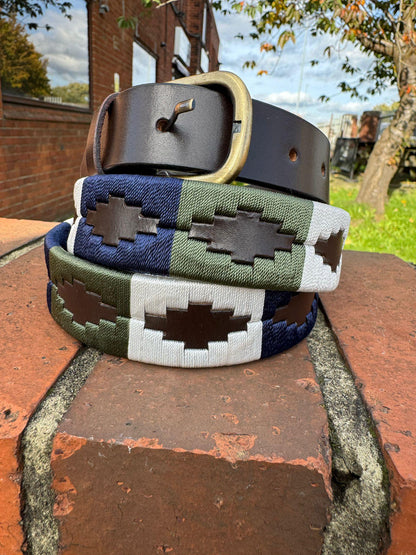 Handcrafted Brown Leather Polo Belt – Navy White Green Design, Golden Buckle, Unisex Belt