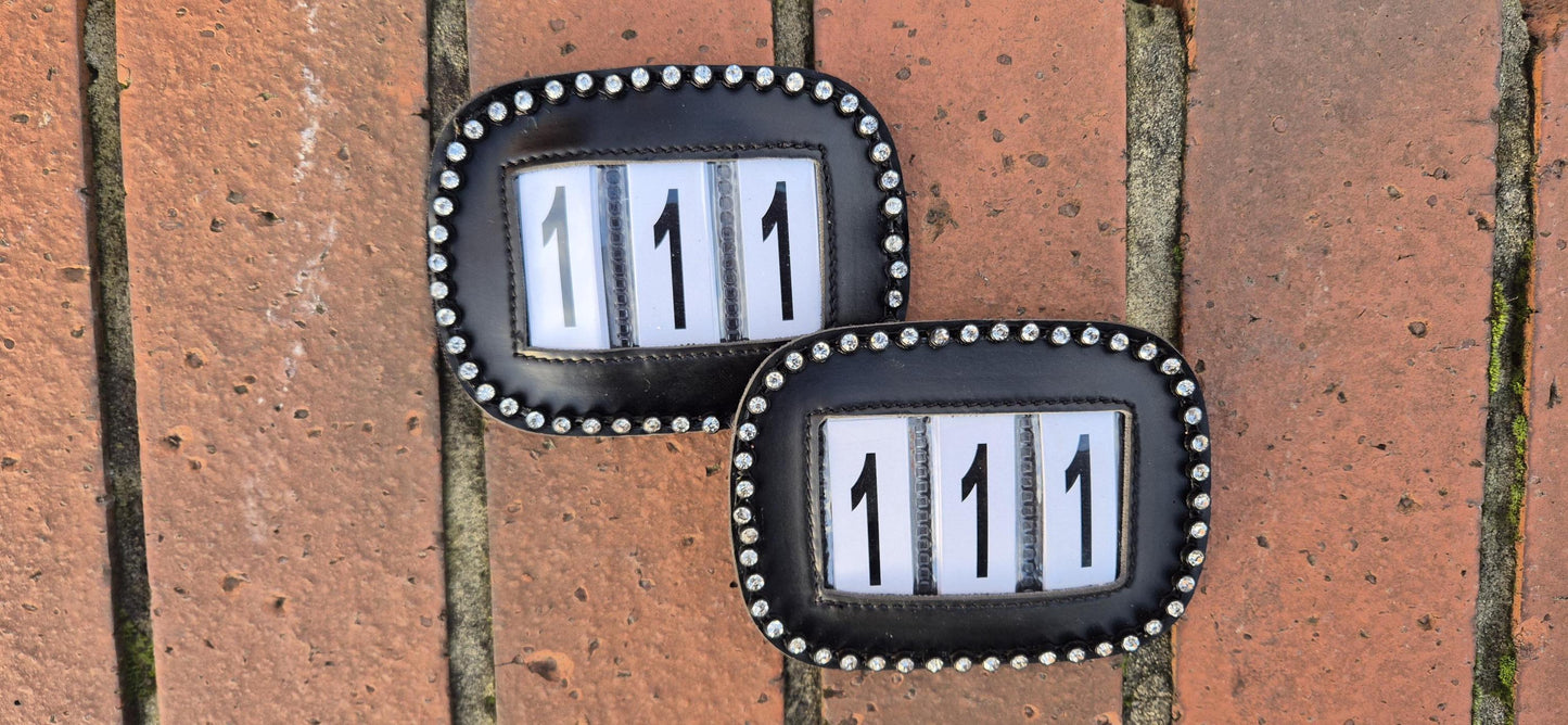 Rhinestone show number Holder Horse competition Number Badge Black, Brown & White Options